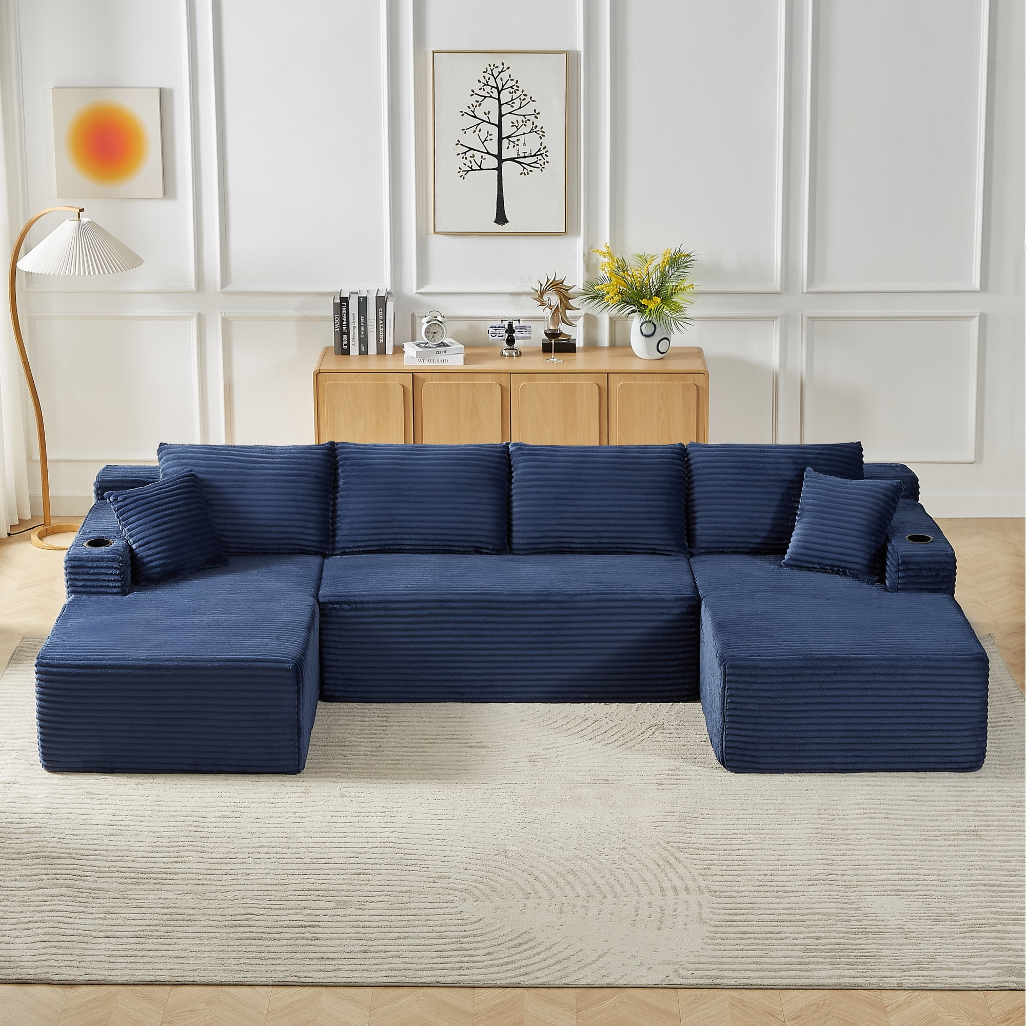 Leumius 133" Oversized Boneless Sectional Couches for Living Room,Modern Corduroy U Shaped Modular Sectional Sofa with Deep Seat,6-Seat Cloud Couch with Cupholders and Side Pockets,No Assembly,Blue