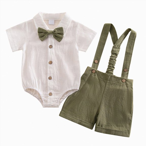 JUMEYU Baby Boy Summer Outfit Short Sleeve Collared Bodysuit Bowtie and Suspender Shorts 2 Piece Set (AG,6-9 Months)