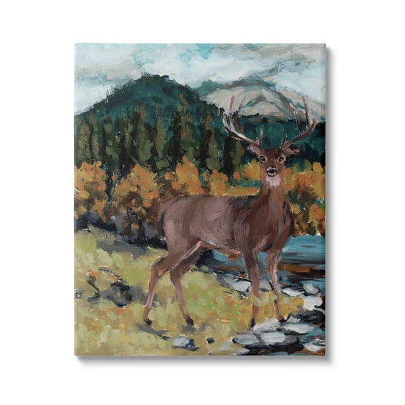 Stupell Deer Wildlife River Landscape Animals & Insects Painting Gallery Wrapped Canvas Print Wall Art