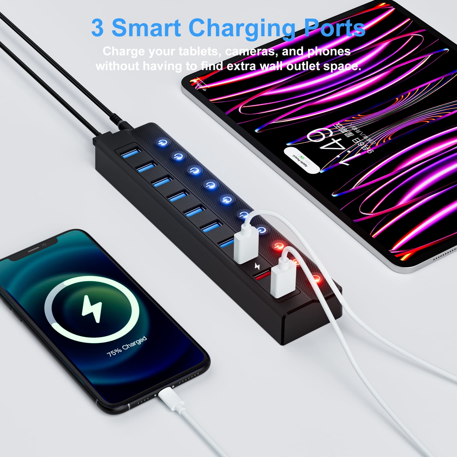 Powered USB Hub 3.0, 10-Port USB Splitter Hub (7 Faster Data Transfer Ports+ 3 Smart Charging Ports) with Individual LED On/Off Switches and 12V/3A Power Adapter USB Extension for Mac, PC and More