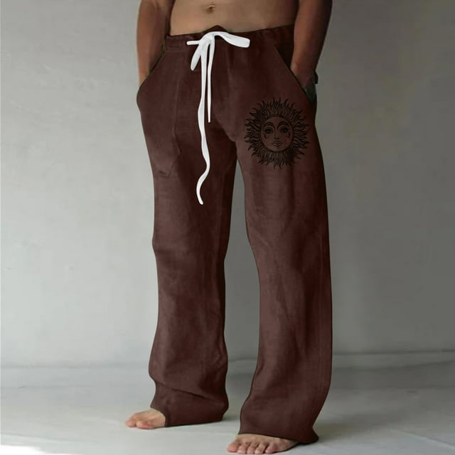 Men's Casual Pants Full Length Drawstring Pocket Floral Print Linen Trousers for Comfortable Everyday Wear