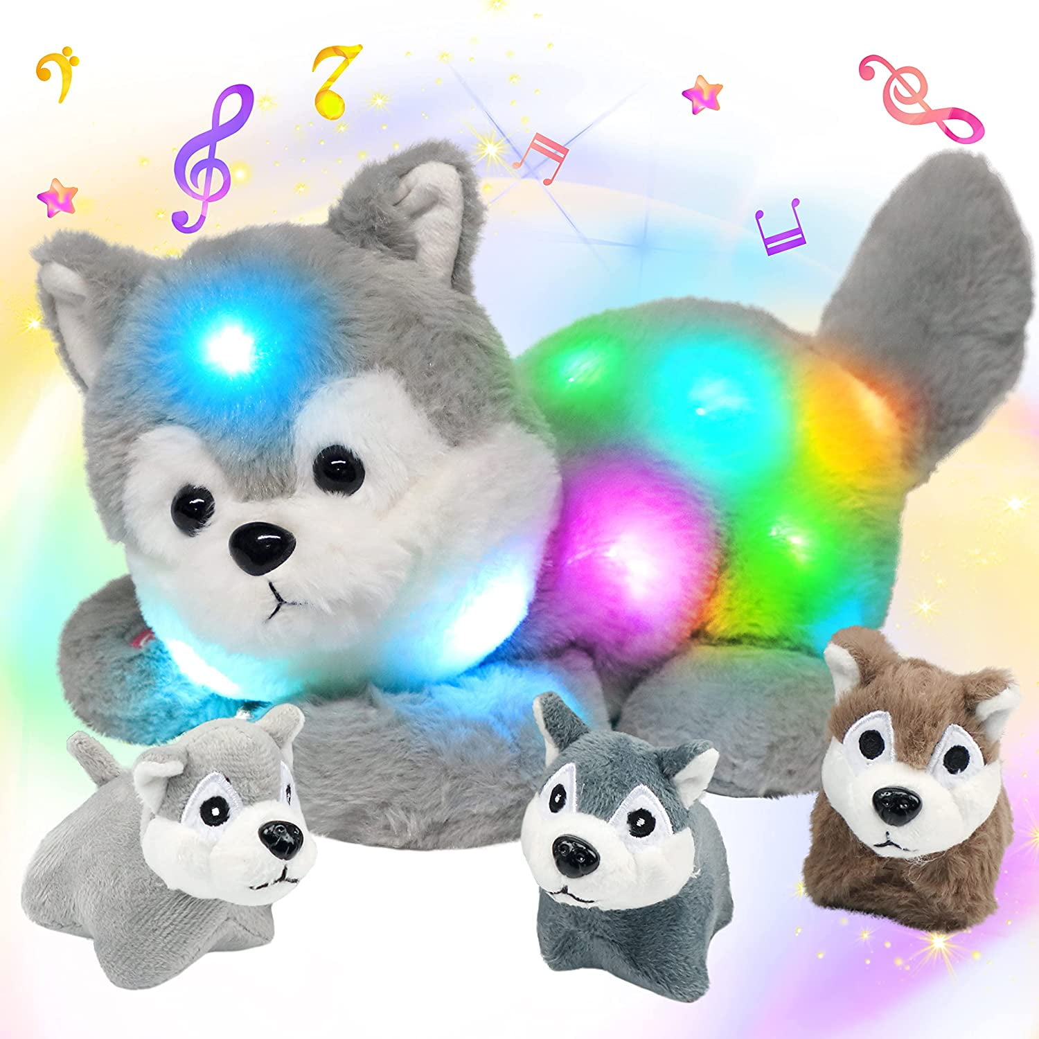 Hopearl Husky LED Musical Stuffed Animal Light up Singing Plush Toy