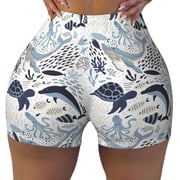 Rateoe Sea Life Elements Printed Power Workout Shorts for Women Tummy Control Squat Proof Ribbed Thick Seamless Scrunch Active Short-Medium
