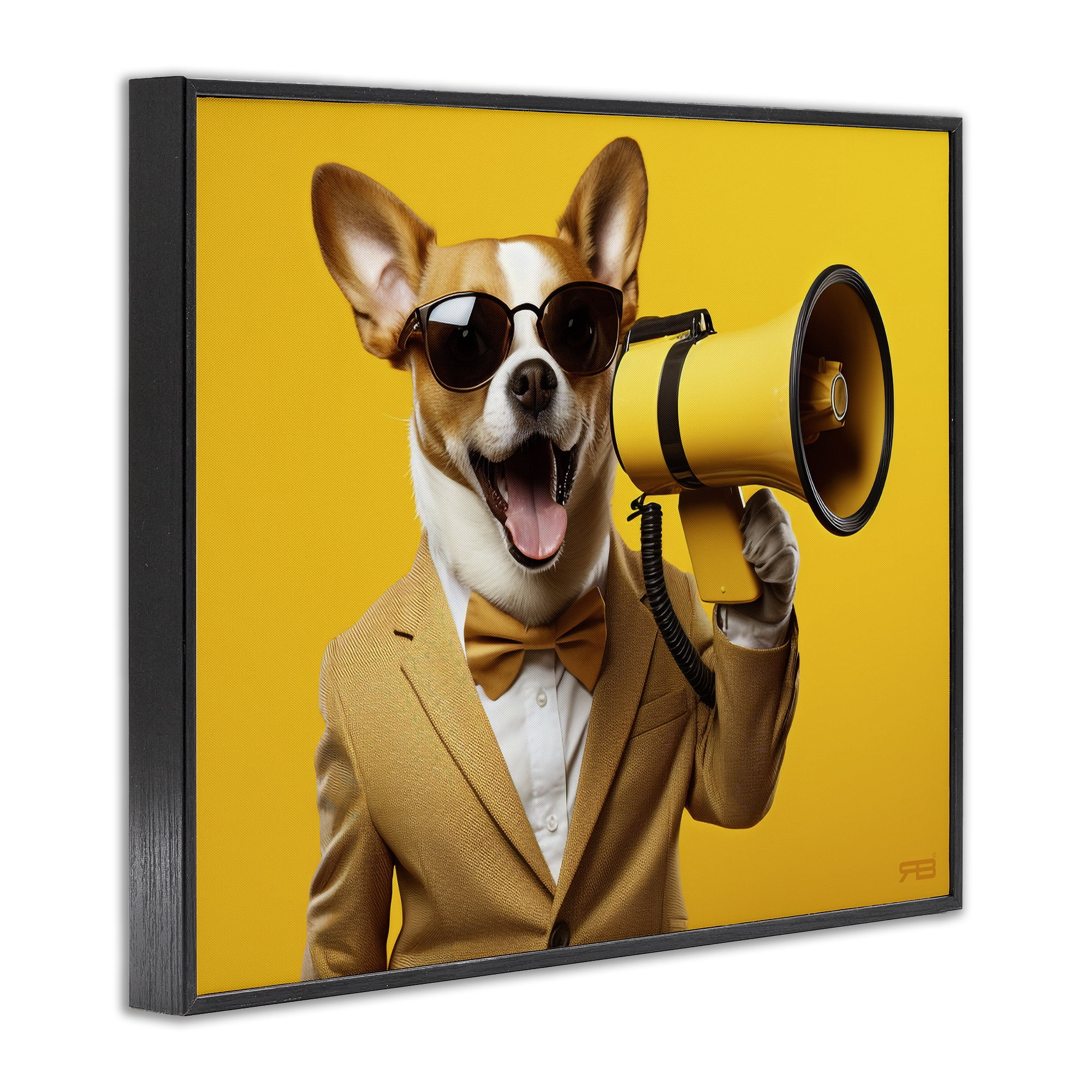 Stupell Industries Dog with Yellow Megaphone Animals & Insects Painting Black Framed Art Print Wall Art, 20 x 16