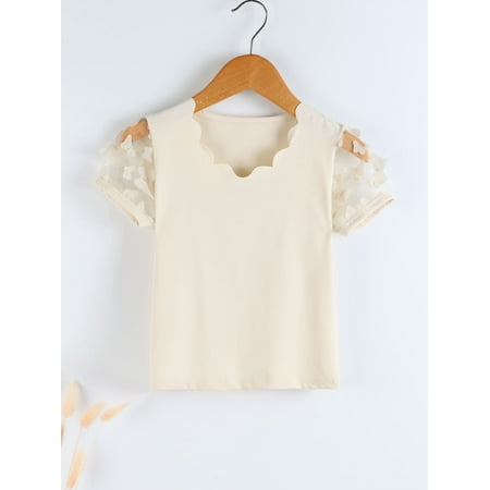 

Apricot Toddler Girls Appliques Mesh Puff Sleeve Scallop Trim Tee Dressy 110 S040E