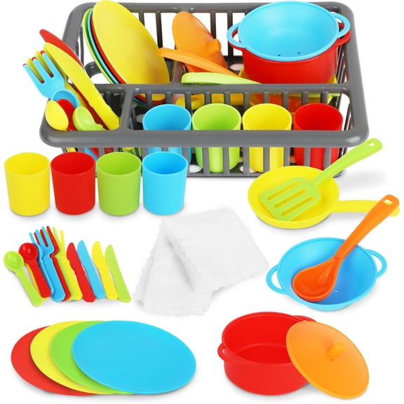 Playkidiz Kids Play Dishes with Drainer - 27PC Tableware & Pretend Kitchen Accessories, Plastic Play Set - Durable and Colourful for Children Ages 3