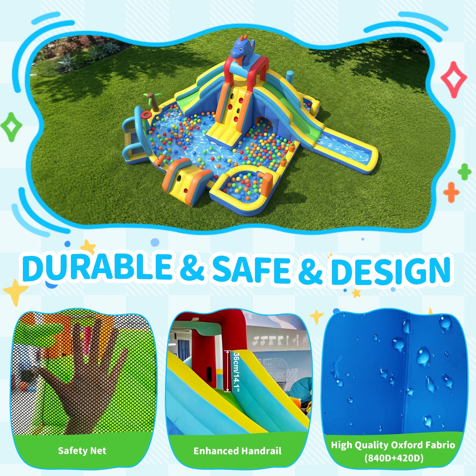 TULILLO 10 in 1 Inflatable Water Slide Kids Bounce House with Splash Pool & Water Gun & Basketball & Climbing Wall & Dual Pools & Soccer,750W Air Blower