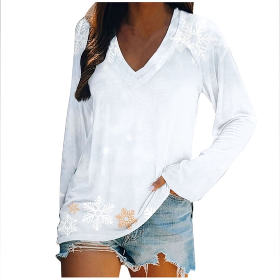 Tbopshirt Womens Hoodless Sweatshirts,Plus Size Essential Crewneck Sweatshirts Ladies V Neck Loose Tops Casual Christmas Print T-Shirts Long Sleeve Blouse
