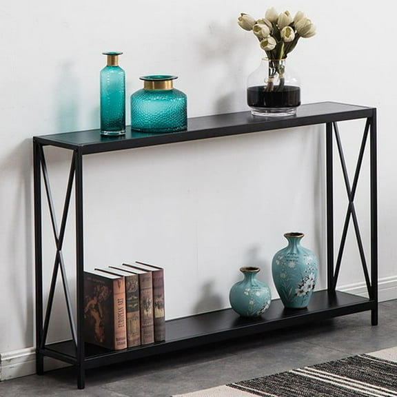 Ktaxon Console Table Sturdy Metal Frame Sofa Table TV Stand with Scratch-Resistant & Water-Resistant Wooden Top, Black Wood Grain