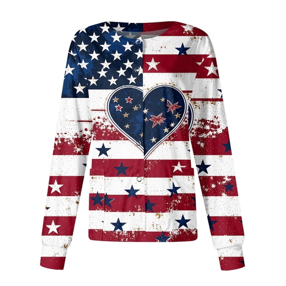 Women's Casual Fashion Long-Sleeve Stand-Up Collar Single-Button Independence Day Print Workwear Jacket Blue L