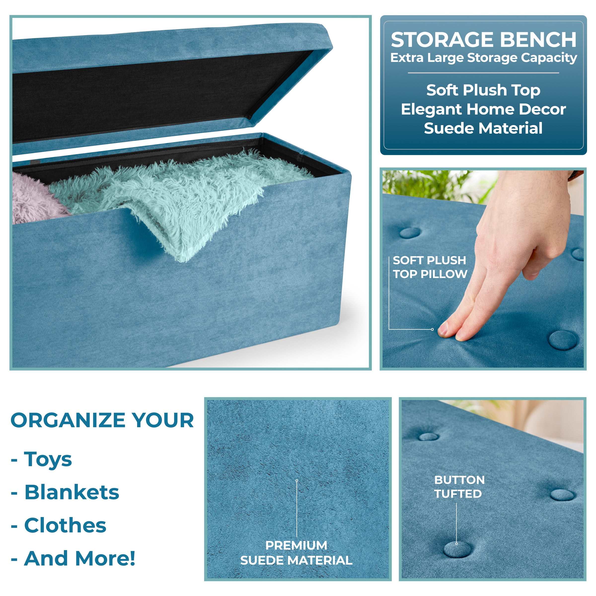 Sorbus Medium Faux Suede Storage Bench Teal Blue - Storage Ottoman, Toy Shoe Chest, Seat, Footrest