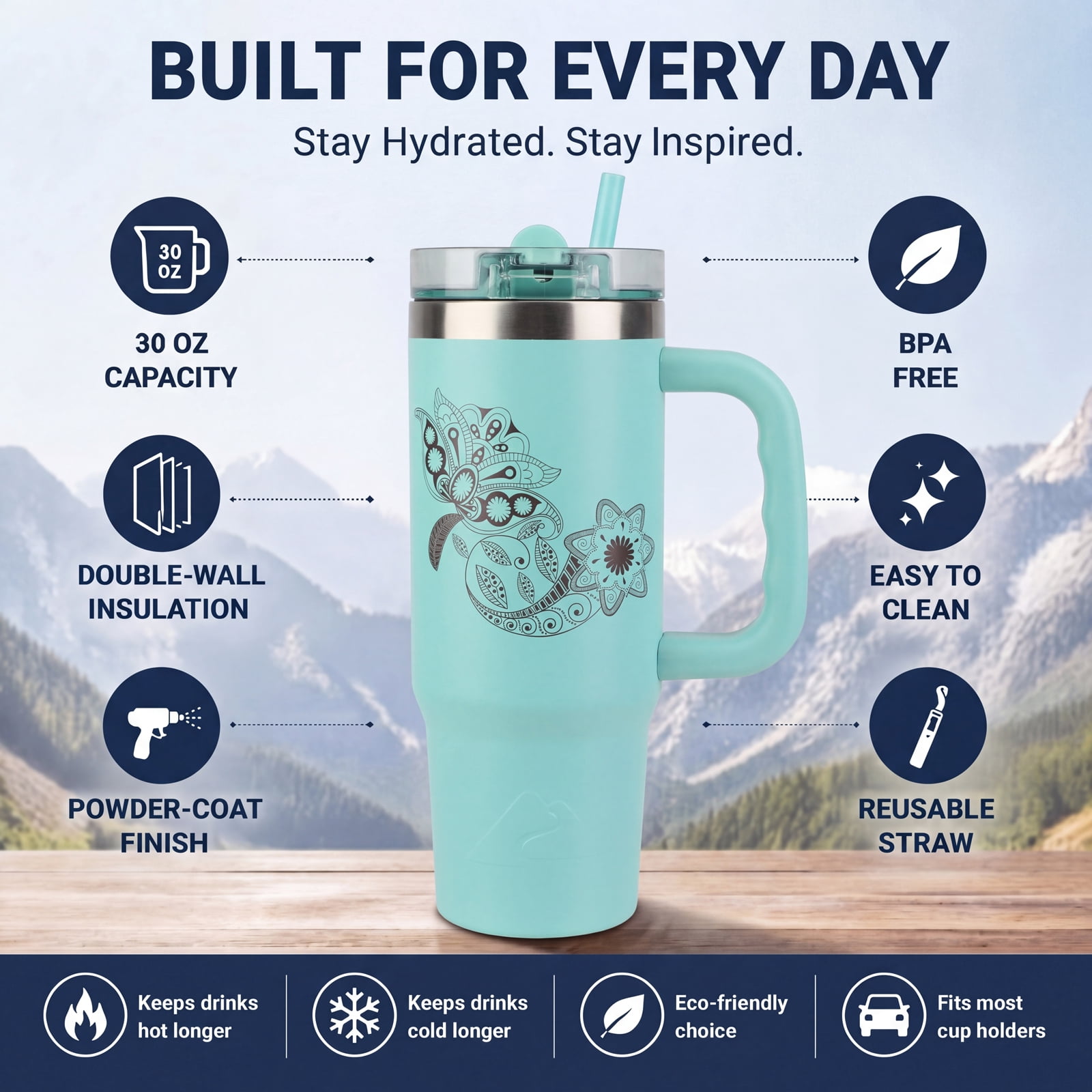 Ozark Trail 30 oz Stainless Steel Insulated Travel Tumbler with Handle and Flip Straw Lid, Turquoise