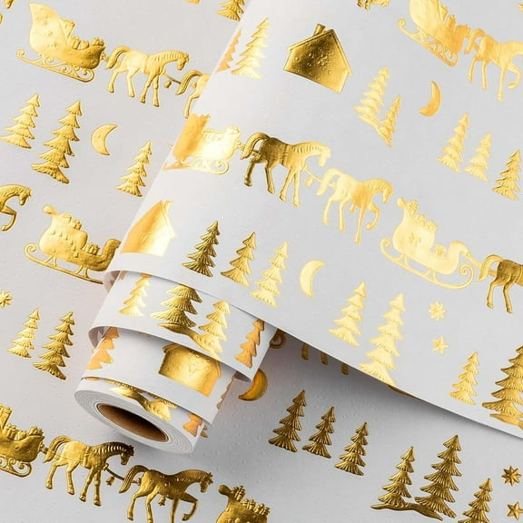 OAS Christmas Wrapping Paper Roll - 46.8 sq.ft. 3D Embossed Sleigh, Carriage, Tree, Moon, House With Gold Foil for New Year Celebration - 17in x 33ft
