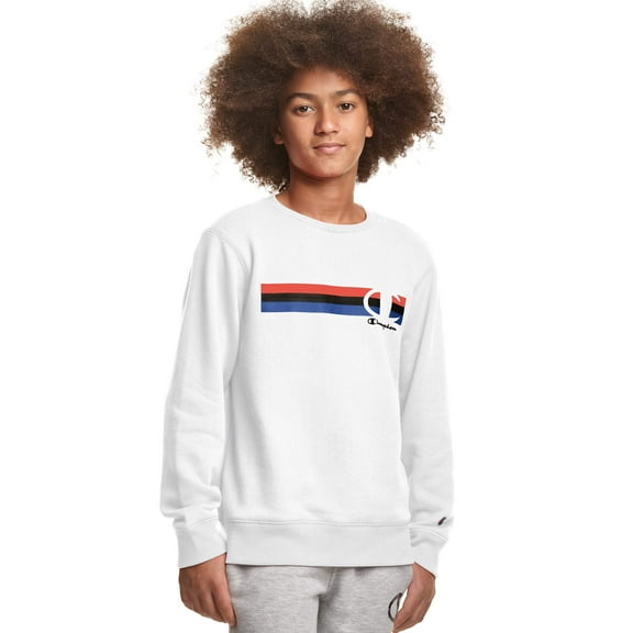 Champion Boy's Long-Sleeve Fleece Crew Sweatshirt - Multi Stripe C Logo (White, Small, S)