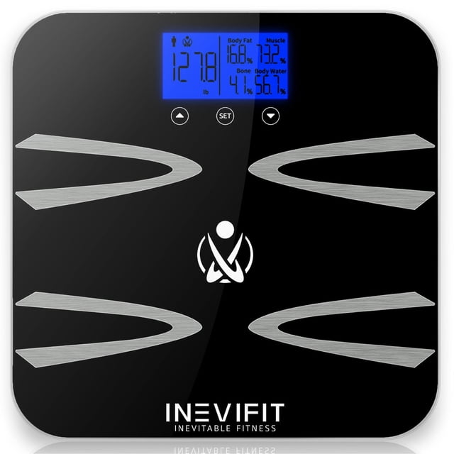 Báscula corporal INEVIFIT, analizador digital de composición corporal de alta precisión para baño. Mide peso, grasa corporal, agua, masa muscular, IMC, niveles viscerales y masa ósea para 10 usuarios.