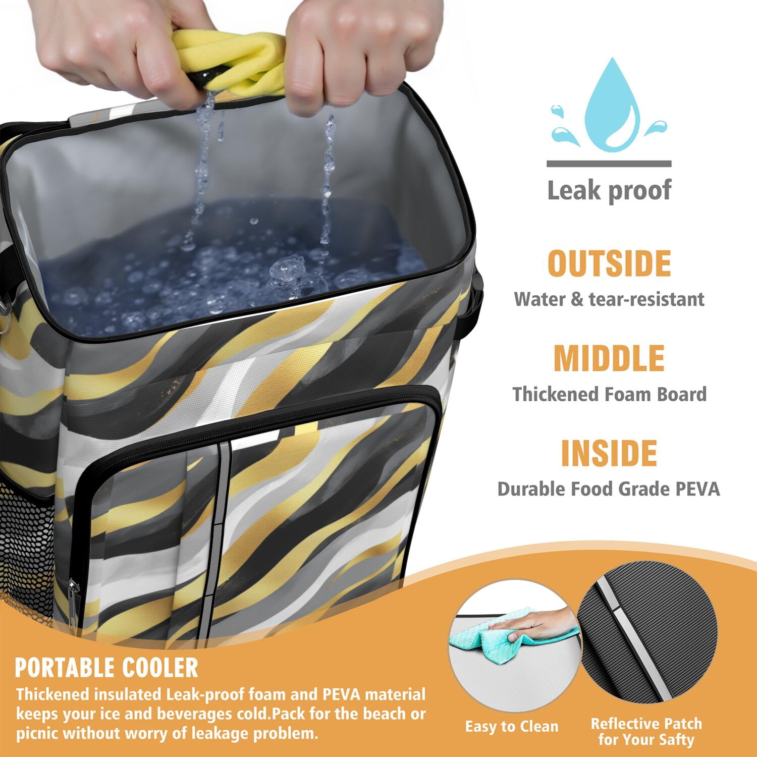 Travel Cooler Bag - Black White and Gold Marble Camping Beer Cooler Backpack with Bottle Opener- Waterproof Insulated Picnic Backpacks - Cooler Bag for Beach