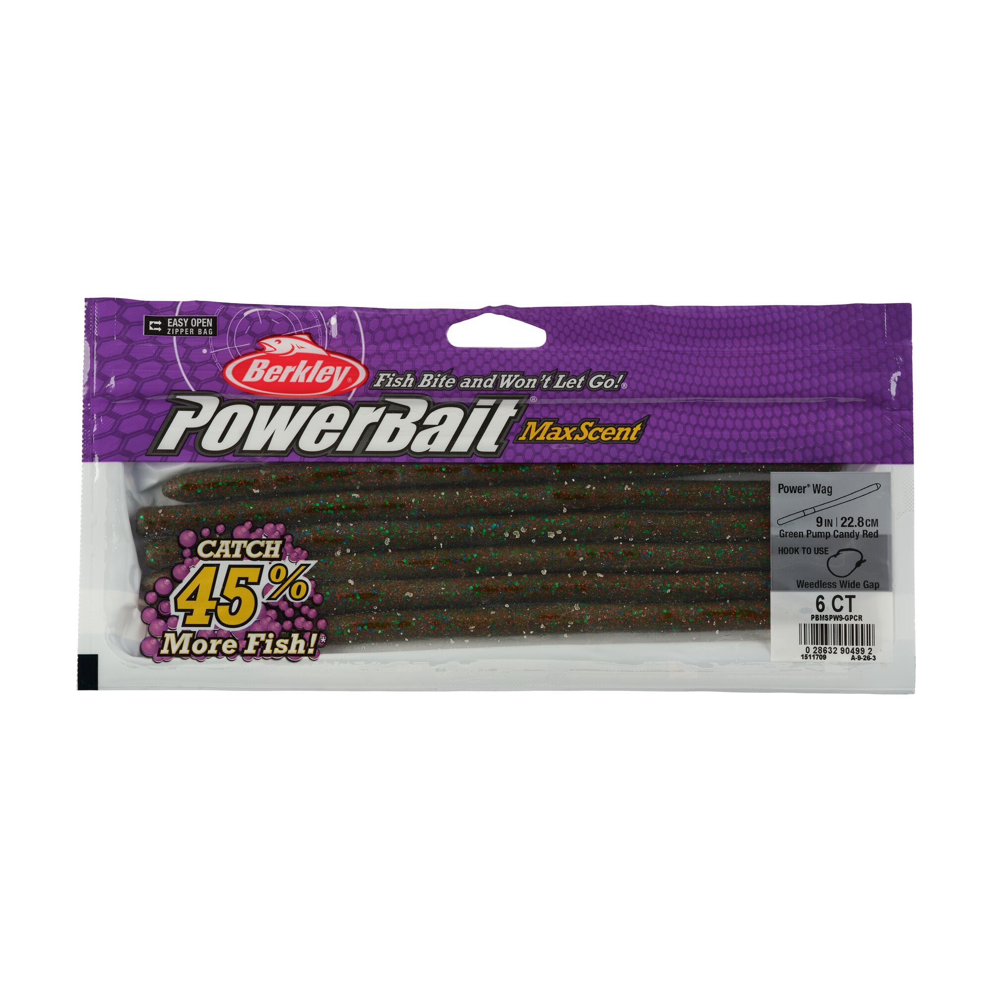 Berkley PowerBait MaxScent Fishing Lure, 9 in, Green Pumpkin Candy Red (6-count)