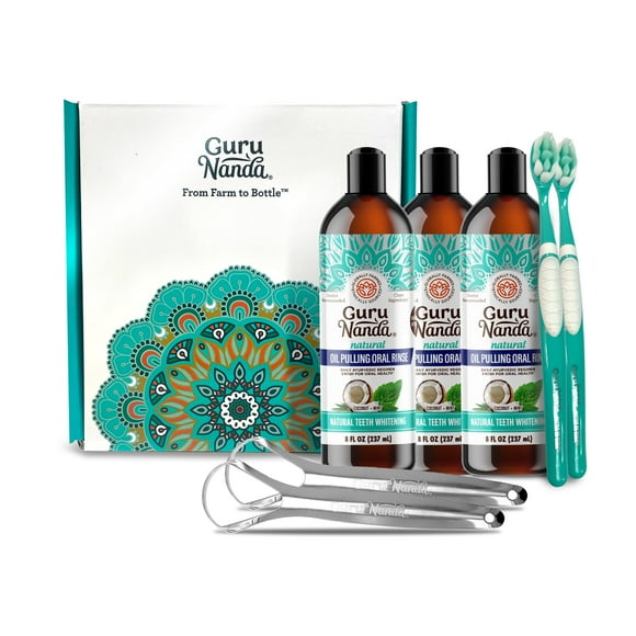 GuruNanda Coconut Oil Pulling, Fresh Breath & Whitening Mouthwash, 7 Essential Oils & Vitamins for Healthy Teeth & Gums,Alcohol-Free, 3X8 oz
