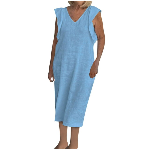 Staron Liquidation Robes d'Été pour Femmes 2025 Tendance Manches à Volants Col en V Boho Robes d'Été Décontractées Printemps Fluides Ligne A Décontractées Amples Robe de Couleur Unie Bleu Clair TTG