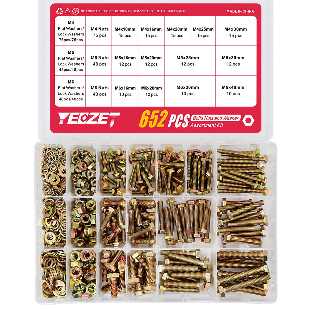 YEEZET 652PCS M4 M5 M6 Hex Screws Sets Heavy Duty Bolts and Nuts Flat Lock  Washers Assortment Grade 8.8 Kit Includes 13 Sizes