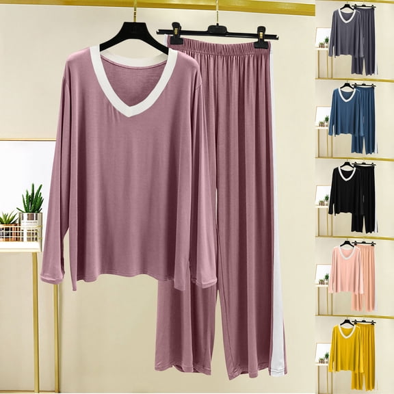 Wlynlyn Womens Pajamas Sets Long Sleeve V Neck Tops Wide Leg Pants Comfy Nightwear Lounge 2 Piece Pjs Outfits