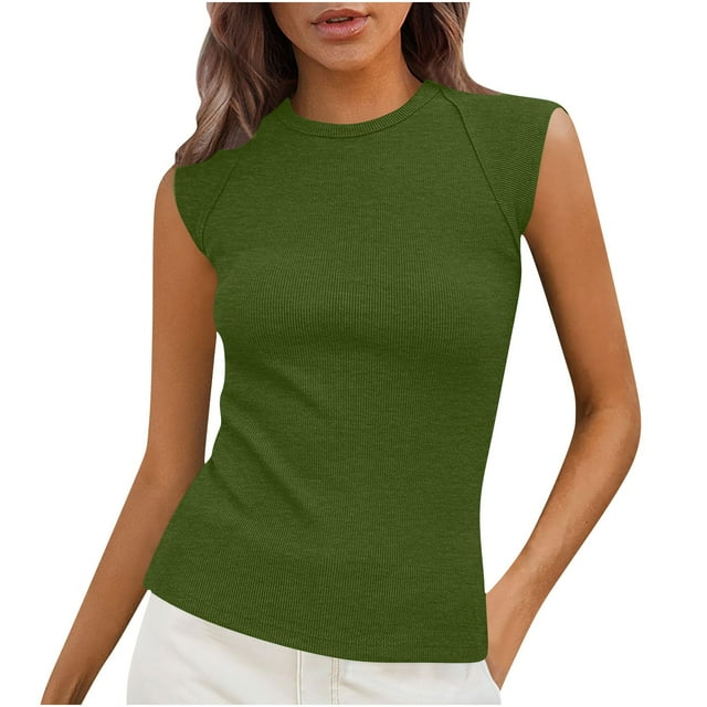 Lmnyox Débardeurs Côtelés pour Femmes Col Rond Mode T-Shirt Été Mode Sans Manches chandail-Over