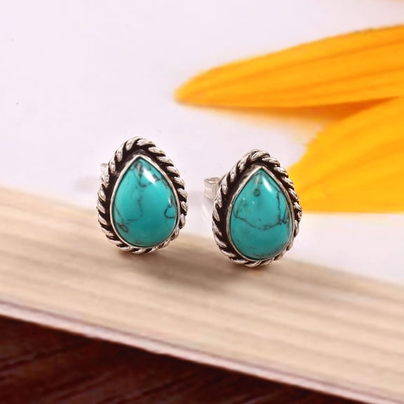 Turquoise Pear Stud Earrings – 925 Sterling Silver Natural Turquoise Teardrop Studs for Women, Handmade Boho Blue Gemstone Jewelry Gift