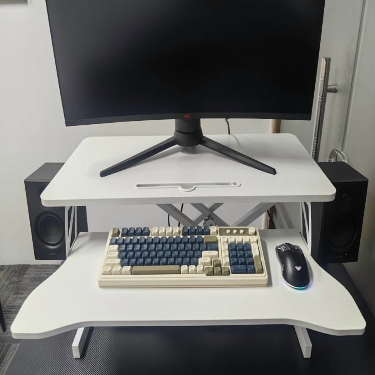 32 inch office desk converter, height adjustable sit stand lifter, dual monitor and laptop workstation, bandwidth keyboard stand, white