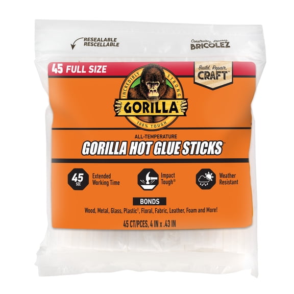 Gorilla Clear 4" Dual Temp Full-Size Hot Glue Sticks, 45 Count