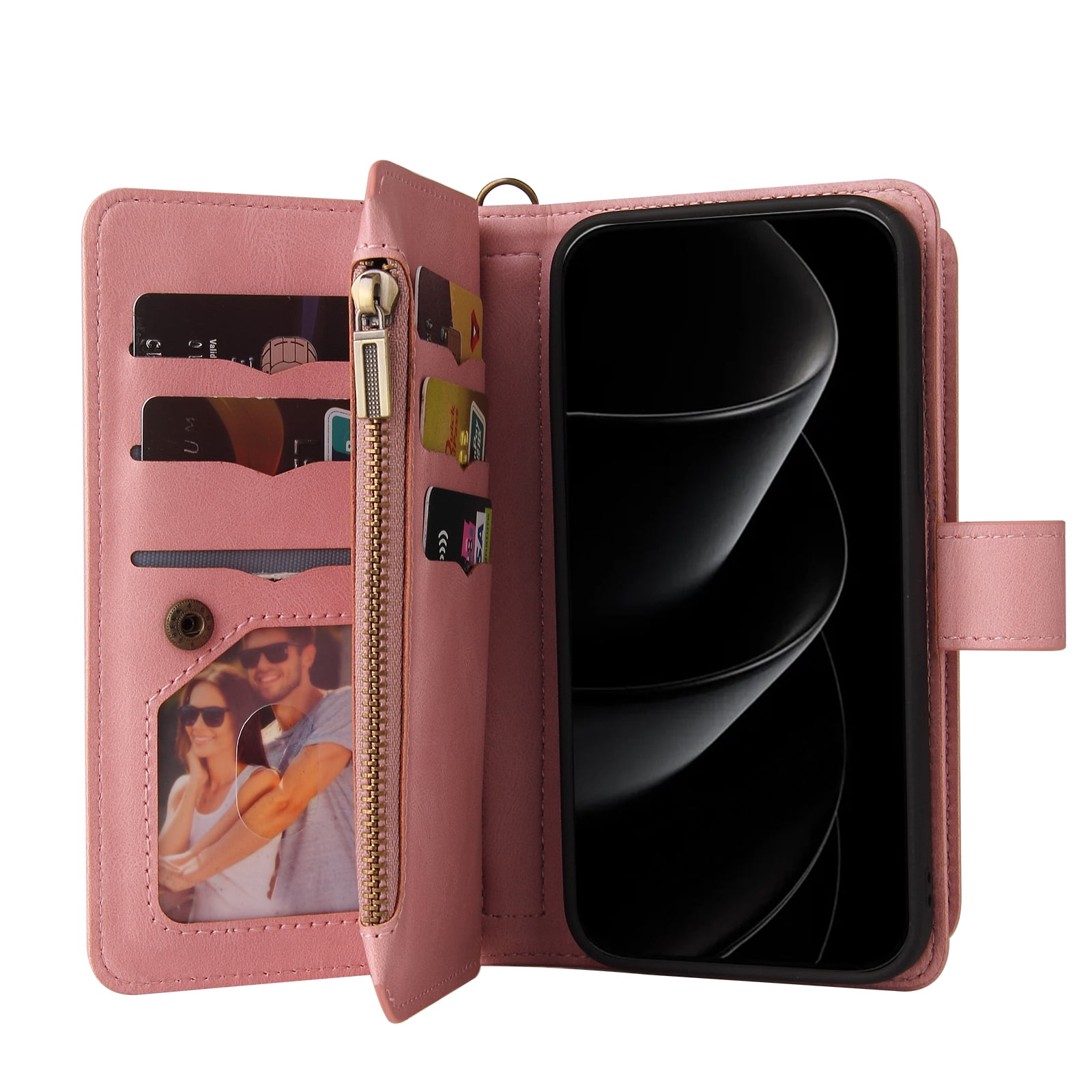 Phone Case for iPhone 17 Pro Max, Wallet Case Luxury Folio Flip Leather Cover [Zipper Pocket] [Wrist Strap] [Kickstand] for iPhone 17 Pro Max, Pink