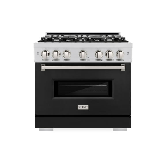 ZLINE 36 in. 5.2 cu. ft. Classic Dual Fuel Range with 6 Burner Gas Cooktop and Electric Convection Oven in Stainless Steel with Black Matte Door (CDR-BLM-36)