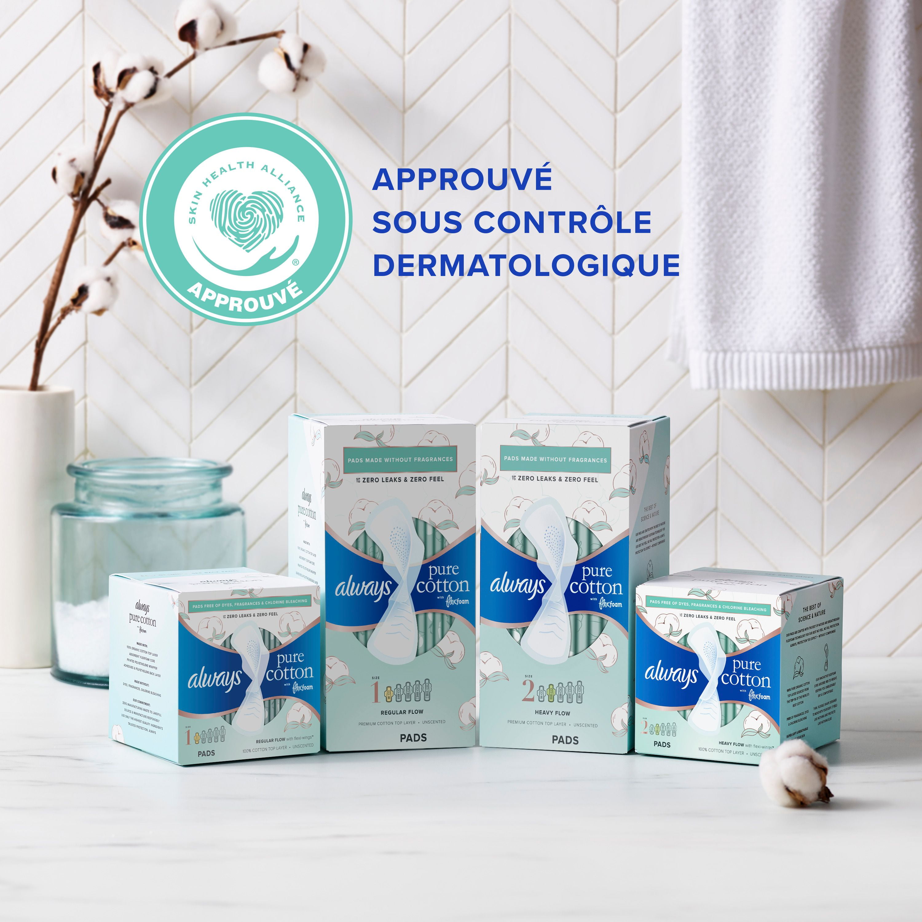 Serviettes féminines Always Pur coton pour femmes, serviettes avec ailes Flexfoam, taille2, degré d’absorption abondant, non parfumées, 24serviettes 24CT