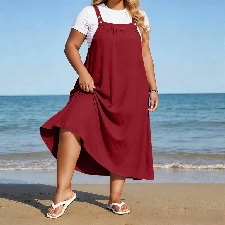 maxi jumper dress plus size Qiuombbp Plus Size Overall Dress for Women Casual Loose Fit Sleeveless Maxi Dresses Summer A-Line Flowy jumper Dress Beach Swimsuit Cover Ups Wine XXL