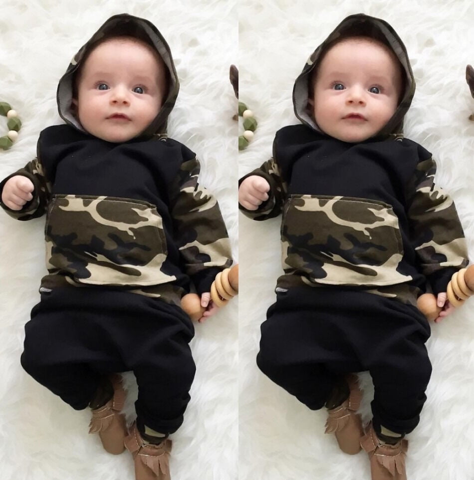 2Pcs Toddler Infant Baby Boy Clothes Set Camouflage Hooded Tops+Pants Outfits 
