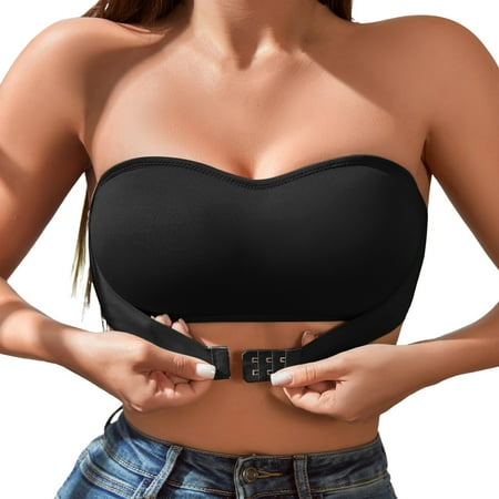 HYSYSB Strapless Bras for Women balconette Bras for Women push Up Bra bandeau Bra women Front Closure Single Layer Wireless Bra (1pc) tube Top Black M