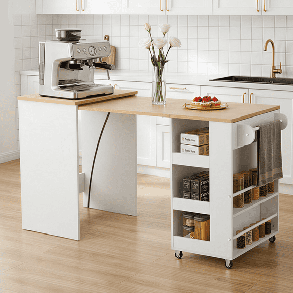 52 inch Kitchen Island with Seating & Extendable Dining Table, Mobile Storage Islands with Rolling Expandable Island, 3-Tier Spice Rack (White)