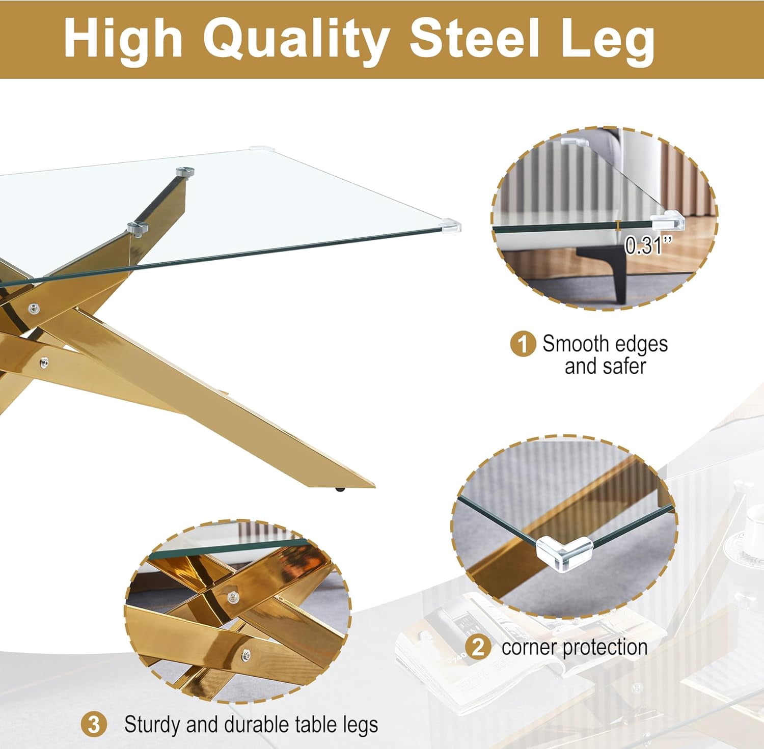 Rectangle Modern Coffee Glass Table, Tempered Glass Top and Gold Plated Metal Leg for Living Room Home Office