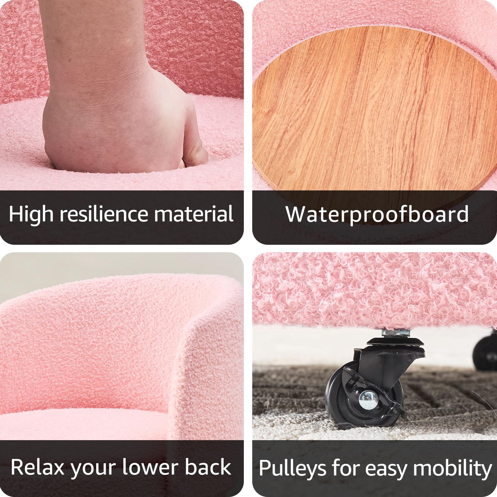 Mxfurhawa Modern Velvet Storage Ottoman – Vanity Stool with Backrest & 5 Rolling Wheels, Small Footstool for Makeup, Bedroom, or Extra Seating (Pink)