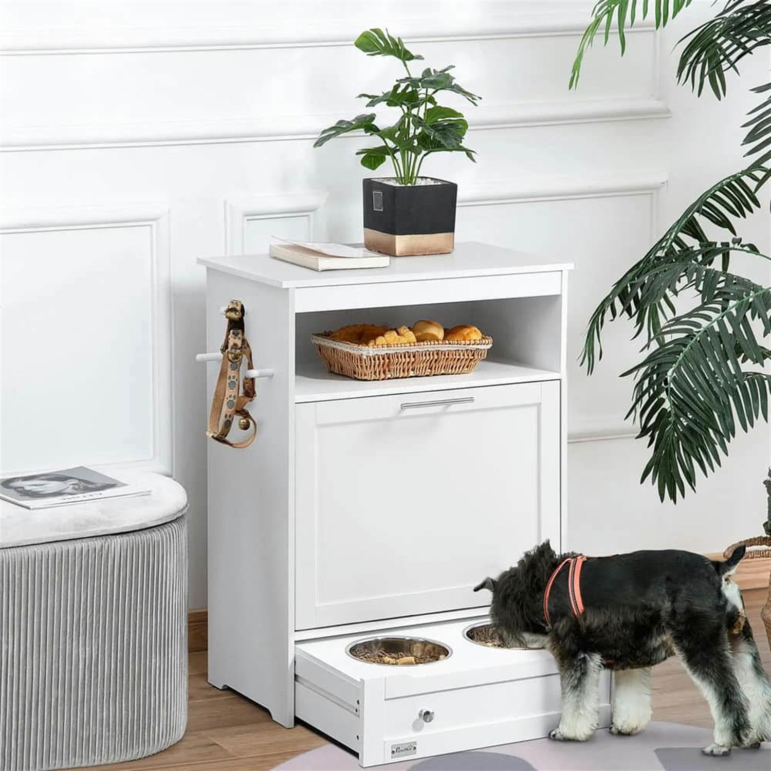 Kadyn Pet Feeder Station Cabinet for Indoor Dogs, Large Dog Food Storage Container with Elevated Bowls, Watering Station, White