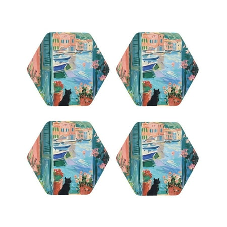 

Fuzoiu Coastal Cat By The Window Print Leather Coasters Set Drink Coasters Set of 4 for Tabletop Protection Durable PVC Coasters Home Décor and Housewarming Gift-Hexagon