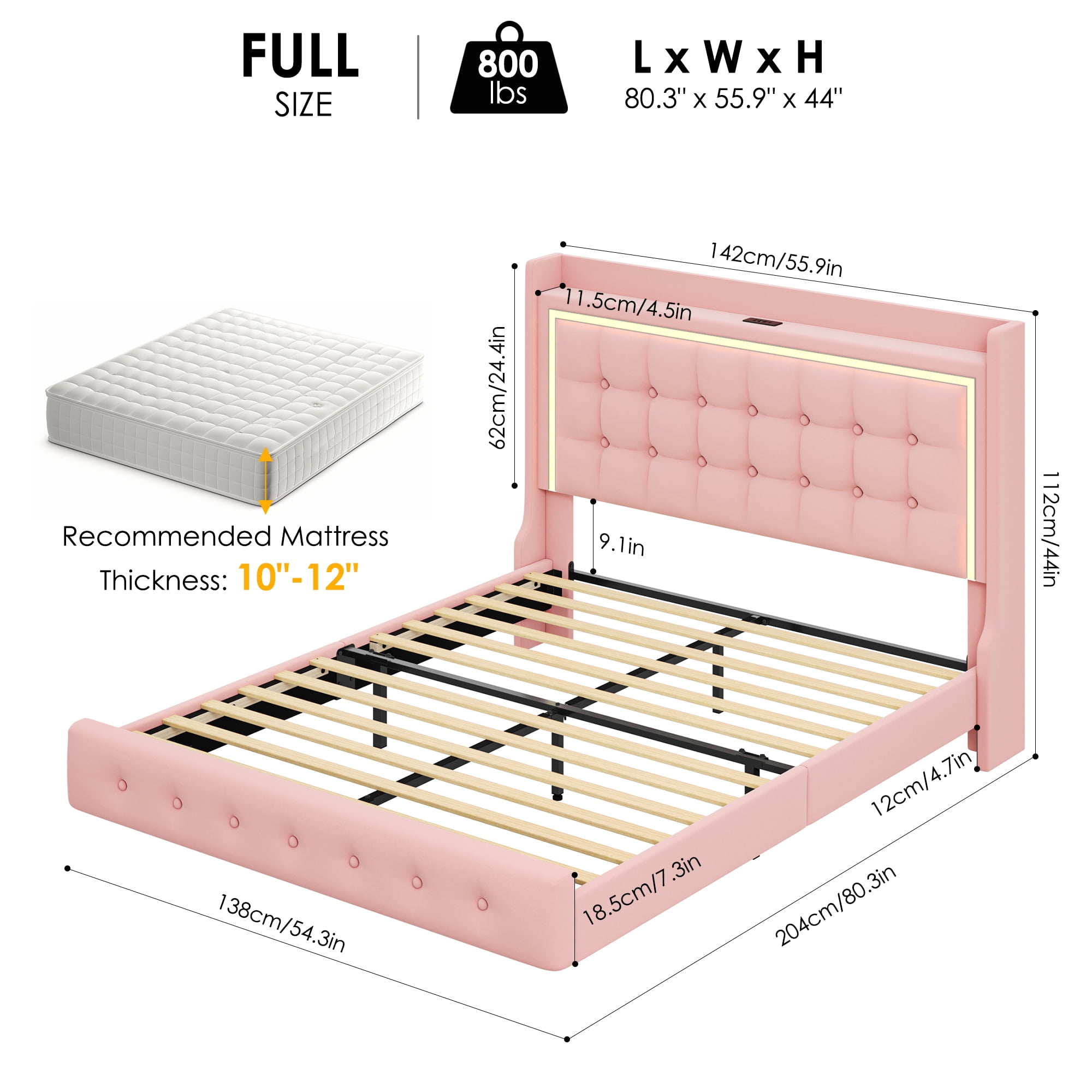 Homfa Full Size Floating Bed with RGB LED Lights Charging Station, Velvet Upholstered Platform Bed with Storage Headboard, Pink