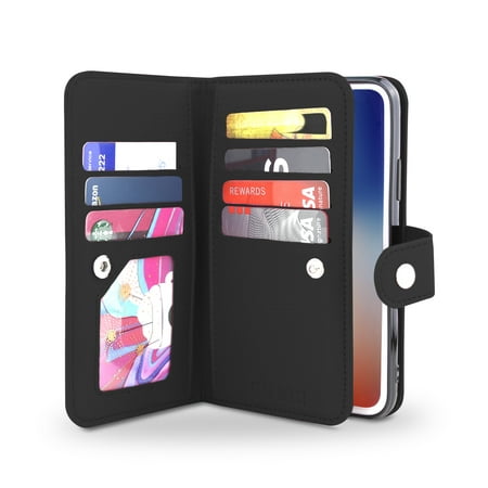 Gear Beast iPhone X Wallet Case, Flip Cover Dual Folio Case Slim Protective PU Leather Case 7 Slot Card Holder Including ID Holder Inner Pockets Wristlet For Men and Women with Bonus Screen