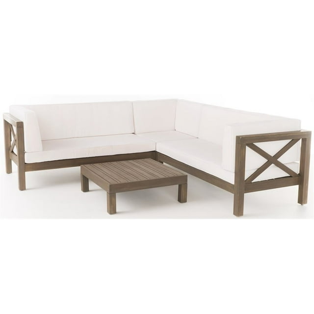 Noble House Brava 4Pc Acacia Wood Sectional Sofa/Coffee Table Set Gray and White