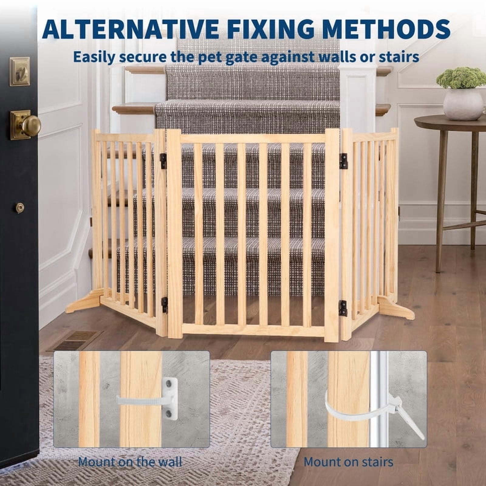 Towallmark 24 Inch Height Pet Gate, Freestanding Wooden Dog Gate, 4 Panel Safety Barrier with Support Feet, Folding Pressure Mount for Doorway Hall Kitchen, Solid Hardwood Paint Free