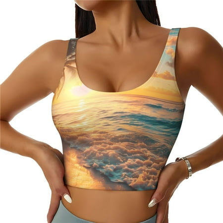 Qekee Tropical Sunset Beach Scene for Removable Pads Sports Bra  Crop Tank Top  Womens  Sports Bra Long Style Without Steel Rims-Medium