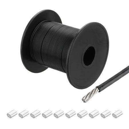 197Ft(60M) Wire Rope 304 Stainless Steel Cable 3/64 (1.2 mm) Vinyl Coated with 10pcs Aluminum Sleeves Black