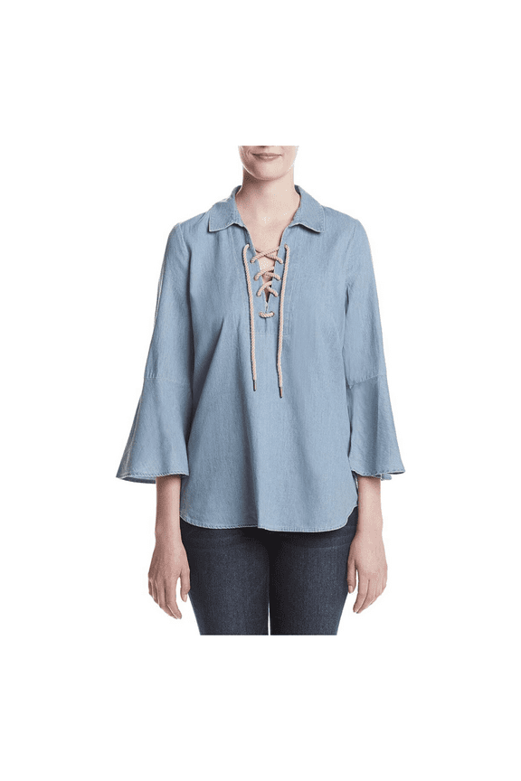 GH Bass Womens Front Lace Up Denim Bell Sleeves Top  L/Lin (Blue)