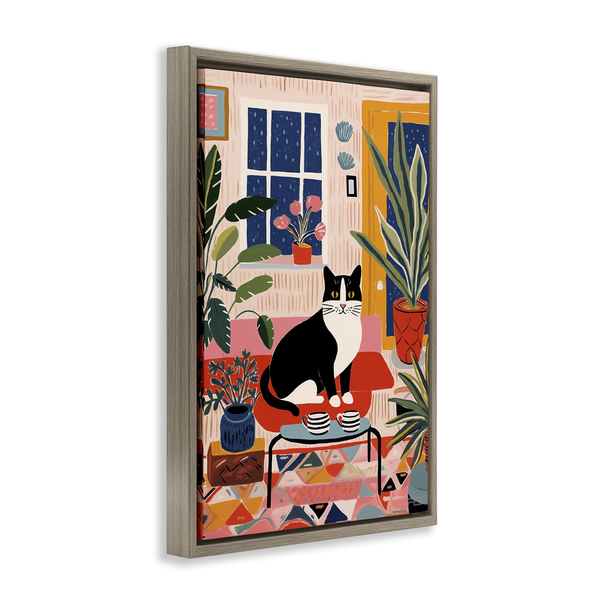 Stupell Industries Eclectic Living Room Cat Animals & Insects Painting Brown Floater Framed Canvas Art Print Wall Art, 21 x 31