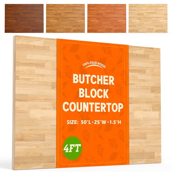 Solid Wood Butcher Block Countertop - 4ft Unfinished Birch Slab Counter Top Wooden Table Desk Top for DIY Kitchen Island, Workbench, Washer Dryer, Coffee Bar Table, 50"x25"x1.5"