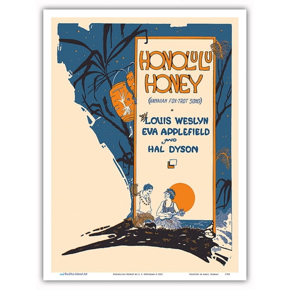 Honolulu Honey - Hawaiian Foxtrot Song - Vintage Hawaiian Sheet Music by S. S. Hoffman c.1921 - Master Art Print (Unframed) 9in x 12in